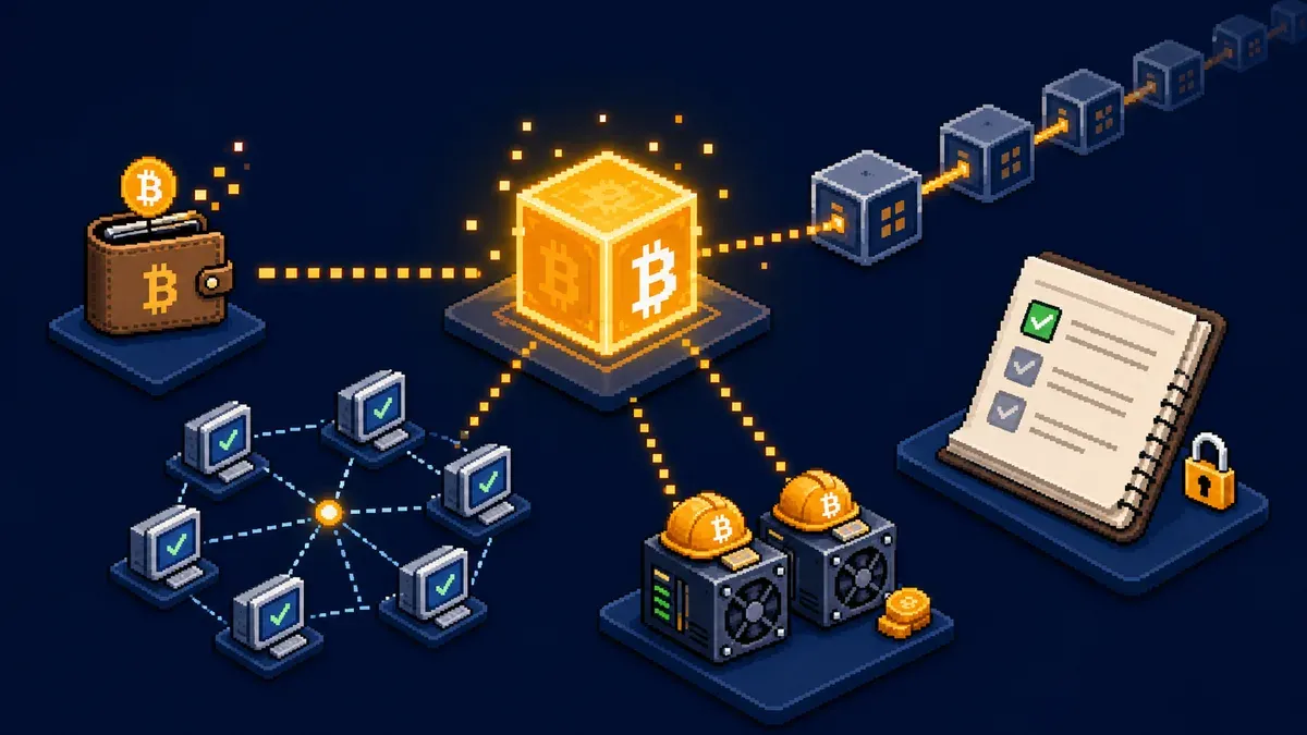 Pixel art showing Bitcoin blocks, wallets, and network nodes connected together.