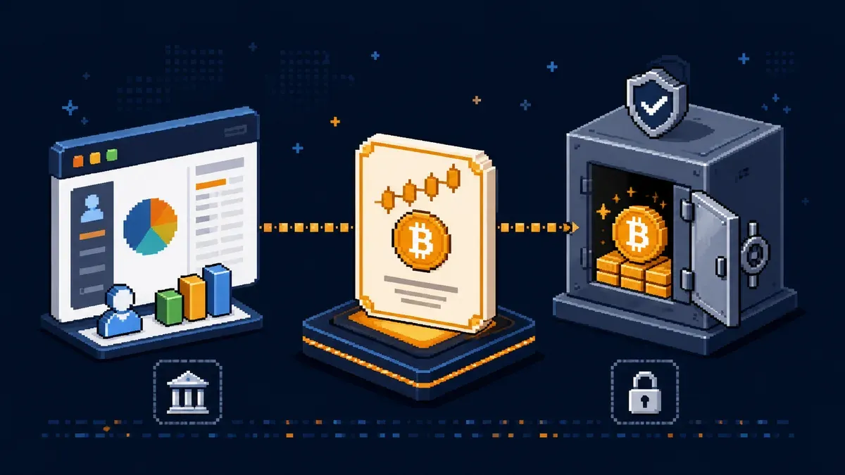Pixel art showing a brokerage account, Bitcoin ETF share, and Bitcoin vault.