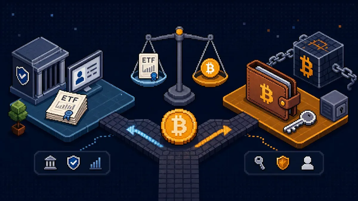 Pixel art comparing Bitcoin ETF exposure through a brokerage with direct Bitcoin wallet ownership.