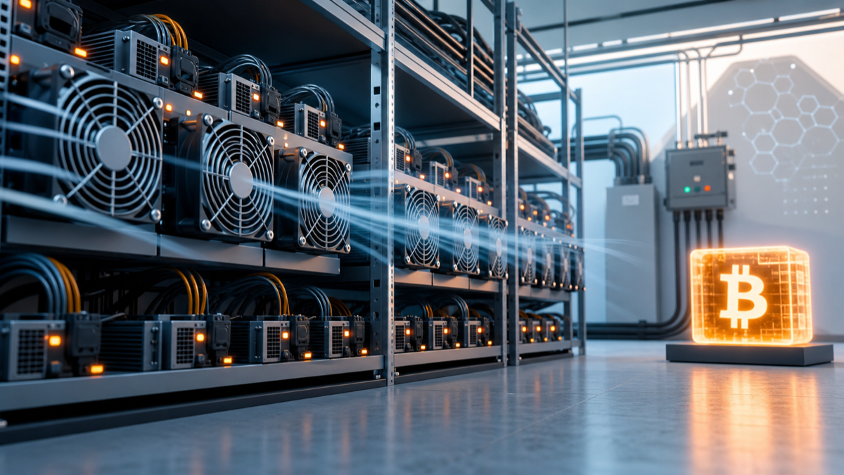 ASIC Bitcoin mining machines with cooling fans and a glowing Bitcoin reward block.