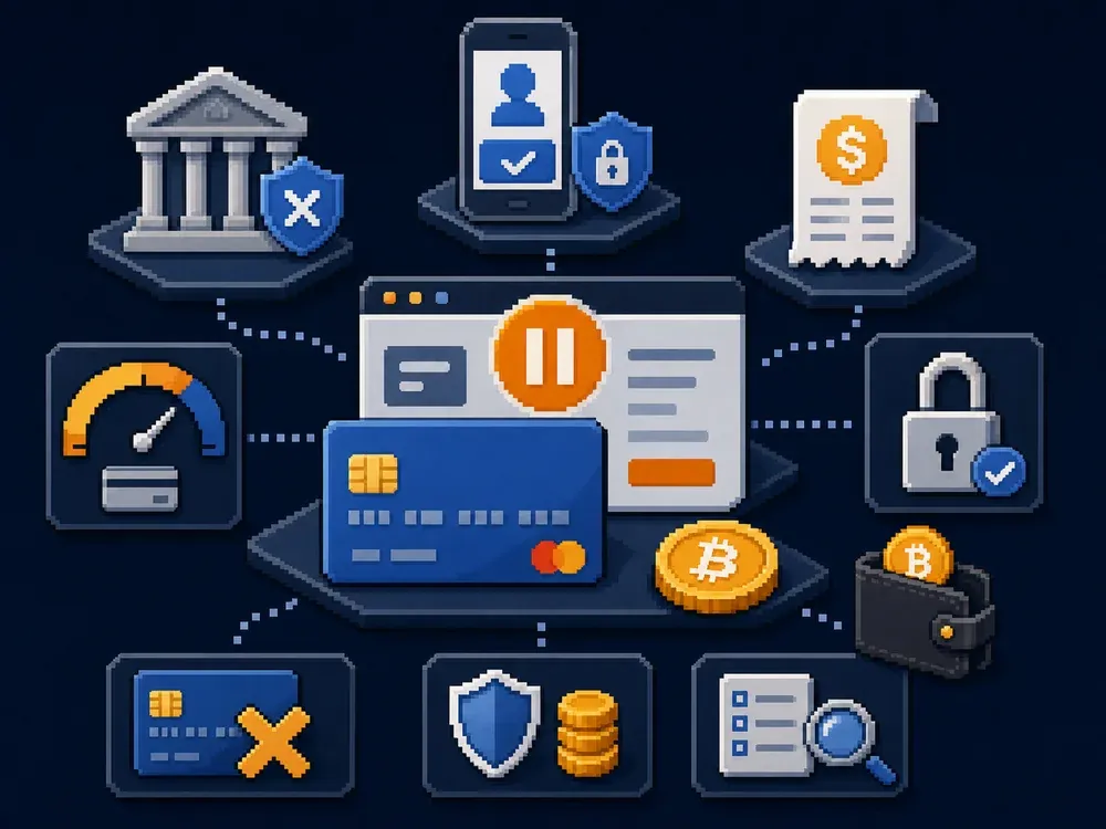Pixel art showing checks for a failed Bitcoin card purchase.