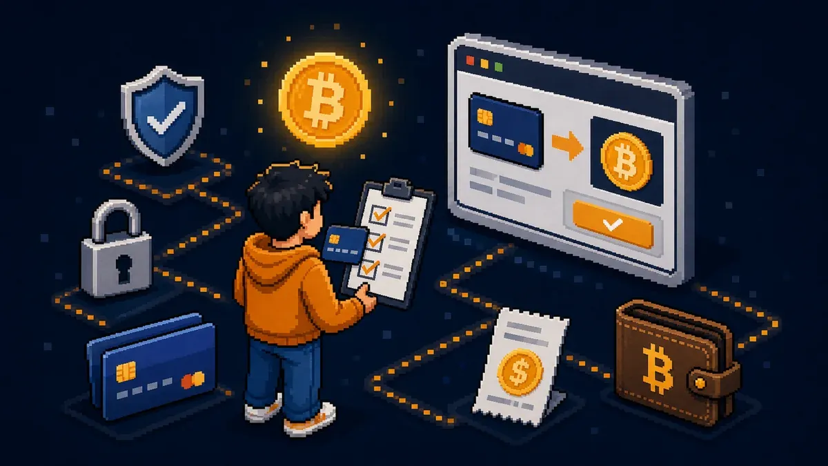 Pixel art showing a beginner reviewing a card purchase before buying Bitcoin.