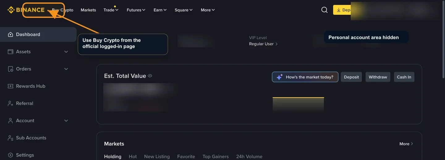 Binance dashboard screenshot showing the Buy Crypto navigation area after login.
