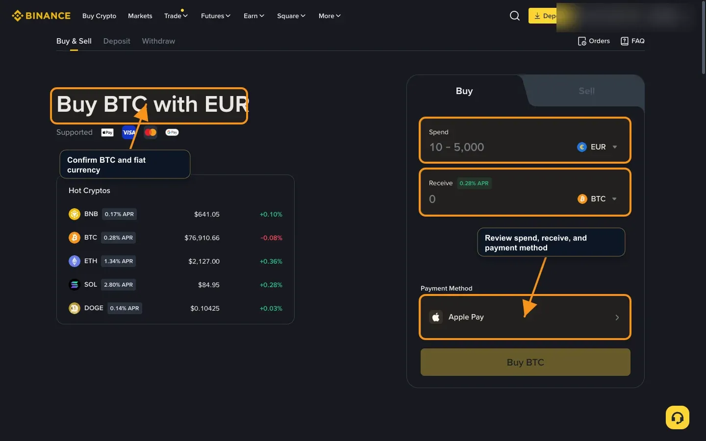 Binance Buy and Sell page showing BTC, fiat currency, and payment method areas.