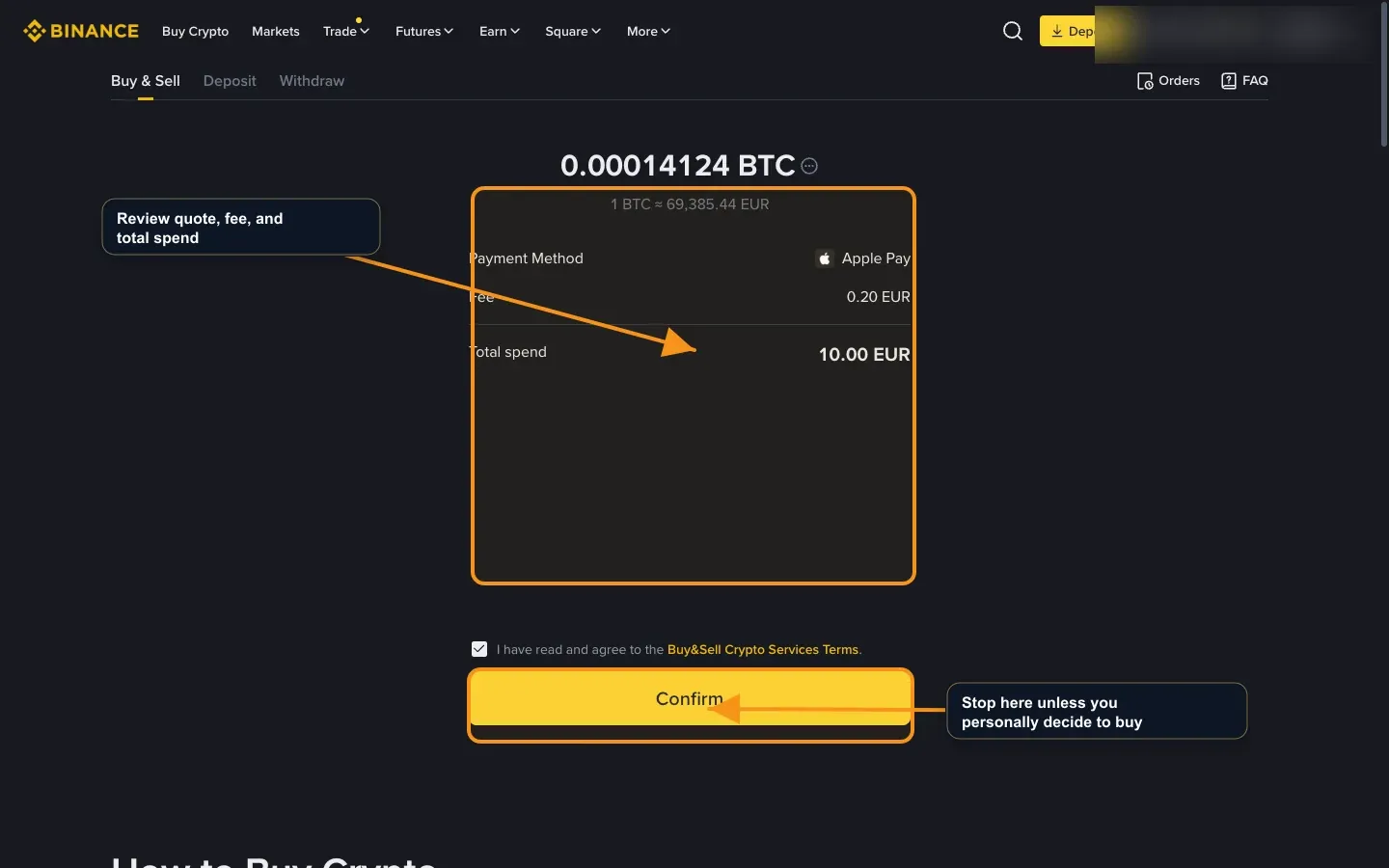 Binance final review screen showing fee, total spend, and Confirm button before purchase.