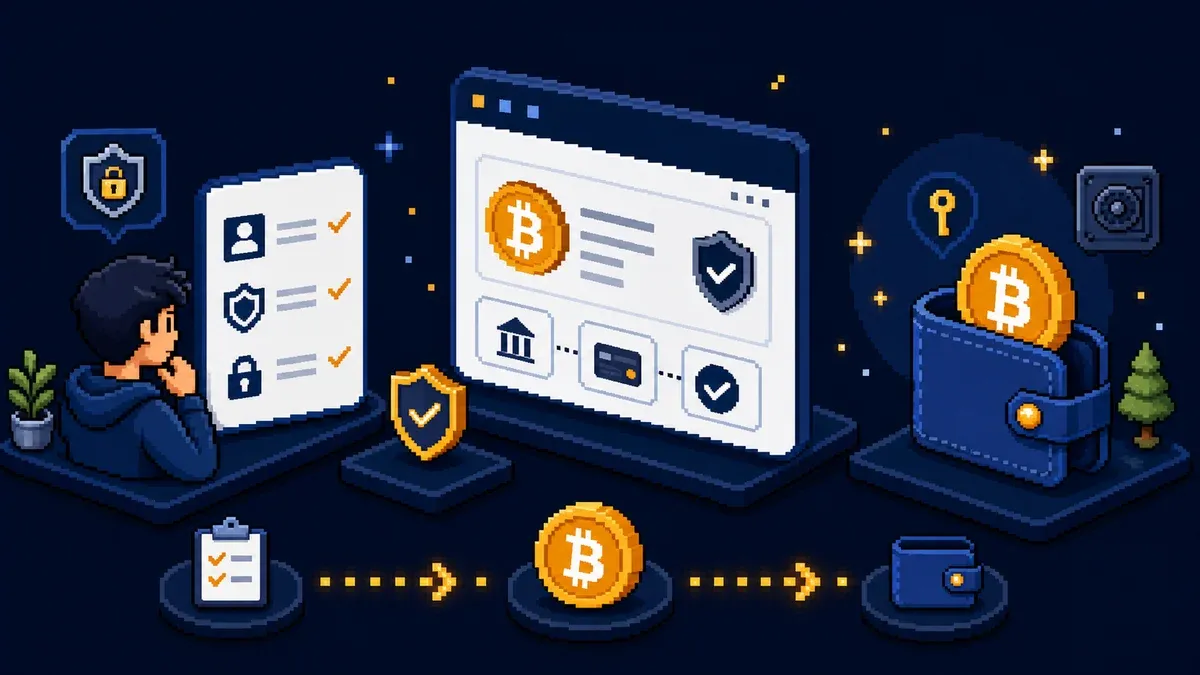 Pixel art showing a beginner reviewing a checklist before buying Bitcoin.