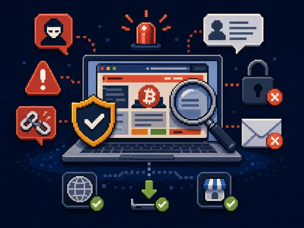 Pixel art showing warning symbols around a suspicious Bitcoin buying website.