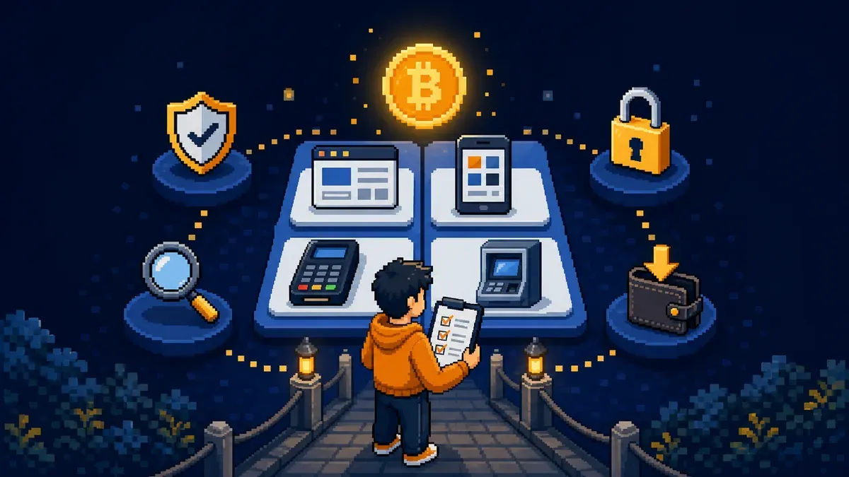 Pixel art showing a beginner comparing Bitcoin buying venues with a checklist.