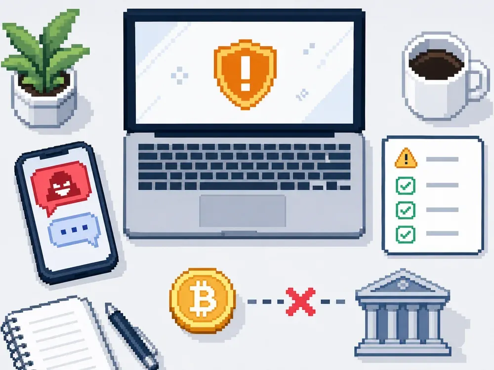 Pixel art showing a laptop warning shield, suspicious chat message, checklist, Bitcoin coin, and bank icon.