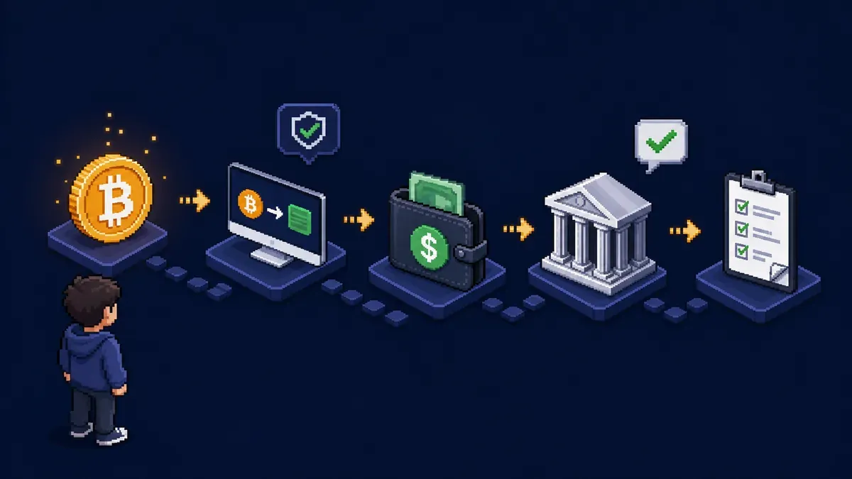 Pixel art showing Bitcoin moving through a sell step, fiat balance, bank, and records checklist.
