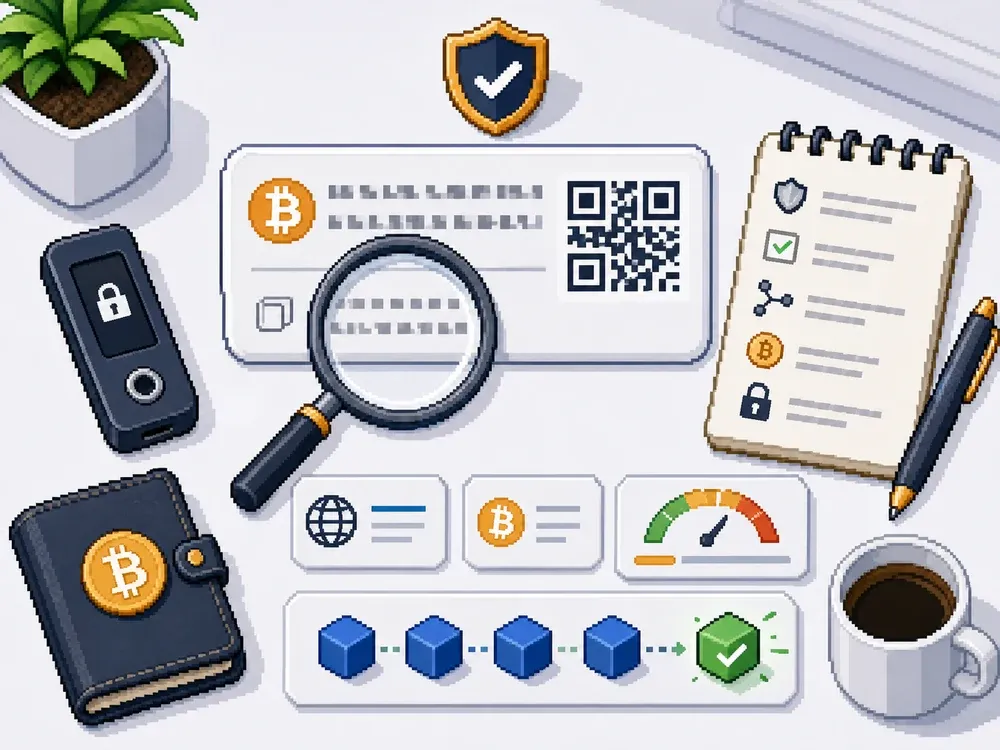 Pixel art showing a Bitcoin address card, QR-style blocks, a magnifying glass, confirmations, and a checklist.