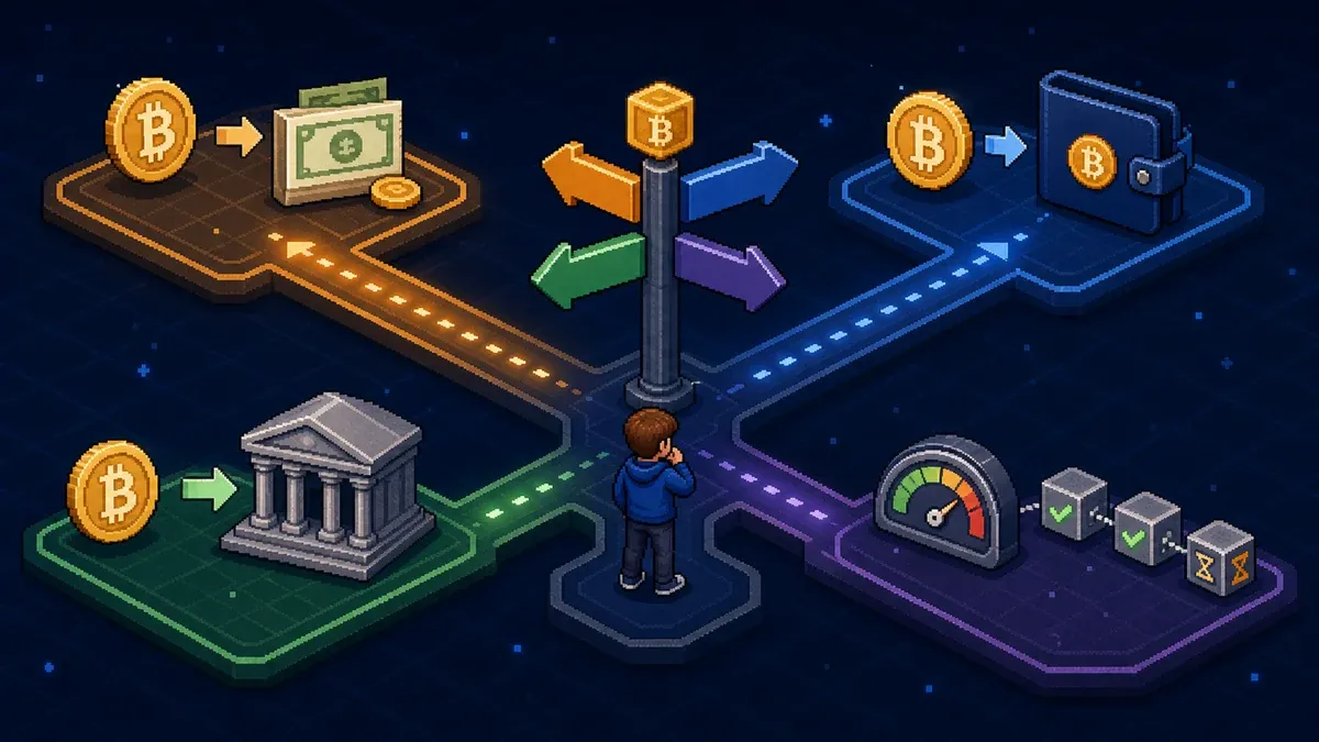 Pixel art showing a beginner choosing between selling, sending, withdrawing, and fee checks for Bitcoin.