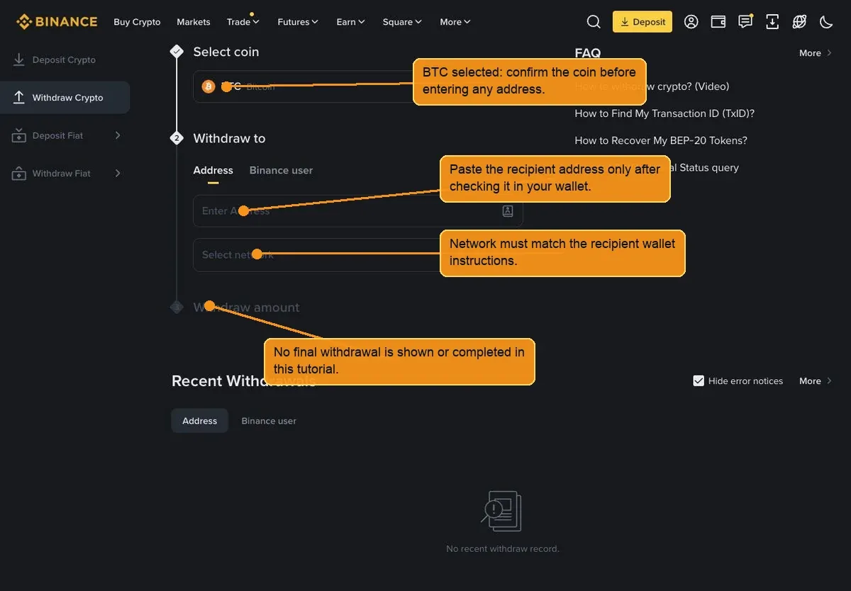 Binance BTC withdrawal screen with annotations for coin, address, network, and final confirmation checks.