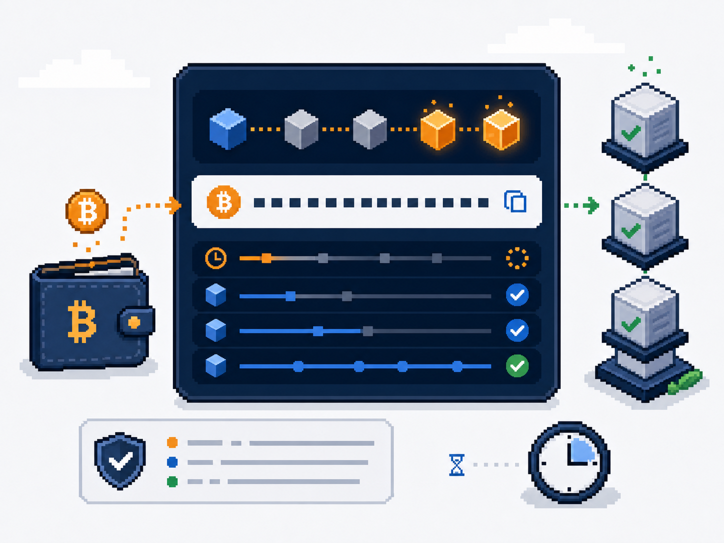 Pixel art transaction tracker showing Bitcoin confirmations and a wallet status panel.