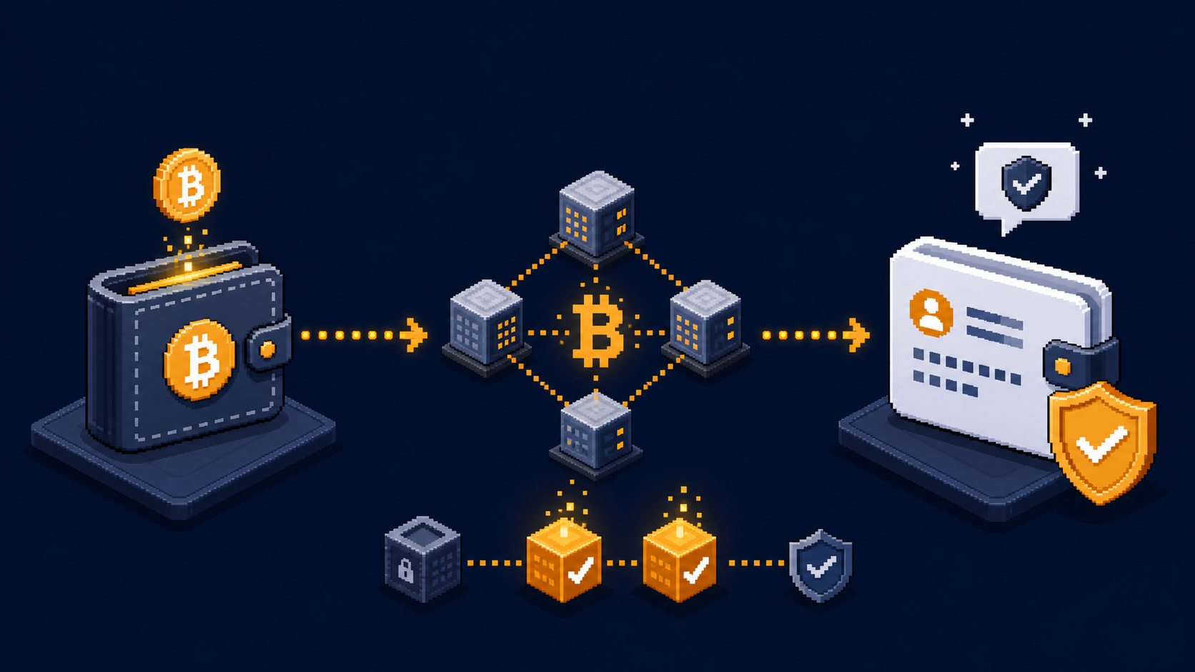 Pixel art showing Bitcoin moving from one wallet through network nodes to a checked recipient wallet.