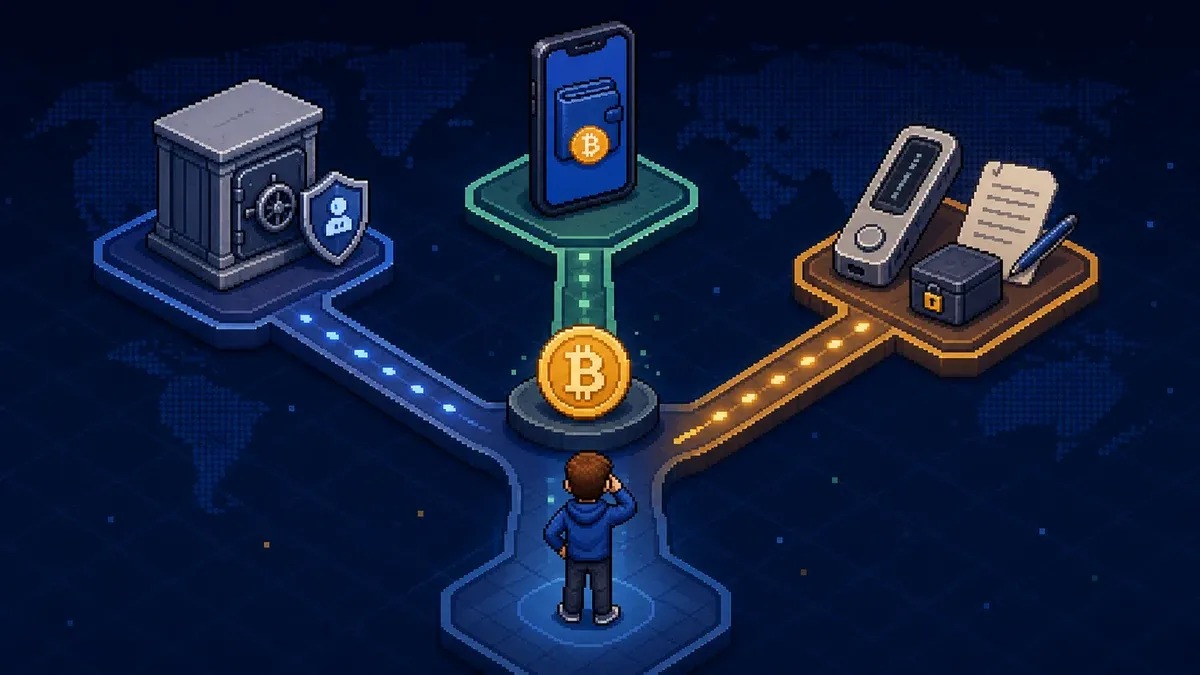 Pixel art showing a beginner choosing between platform, app, and hardware Bitcoin wallets.
