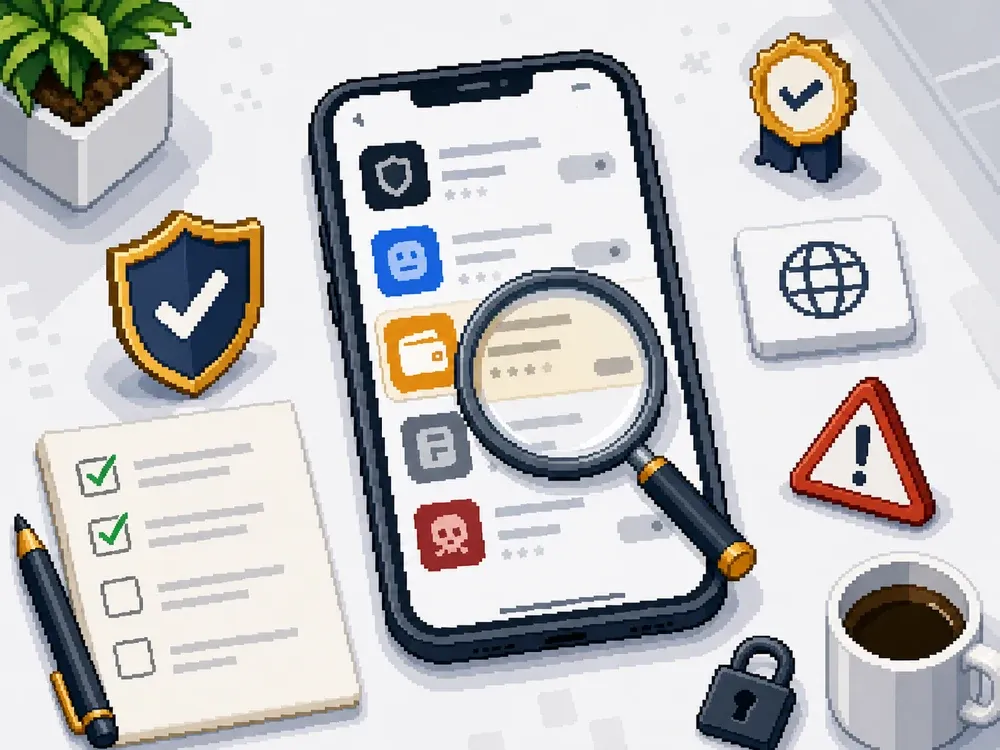 Pixel art showing a beginner checking wallet app sources before downloading.