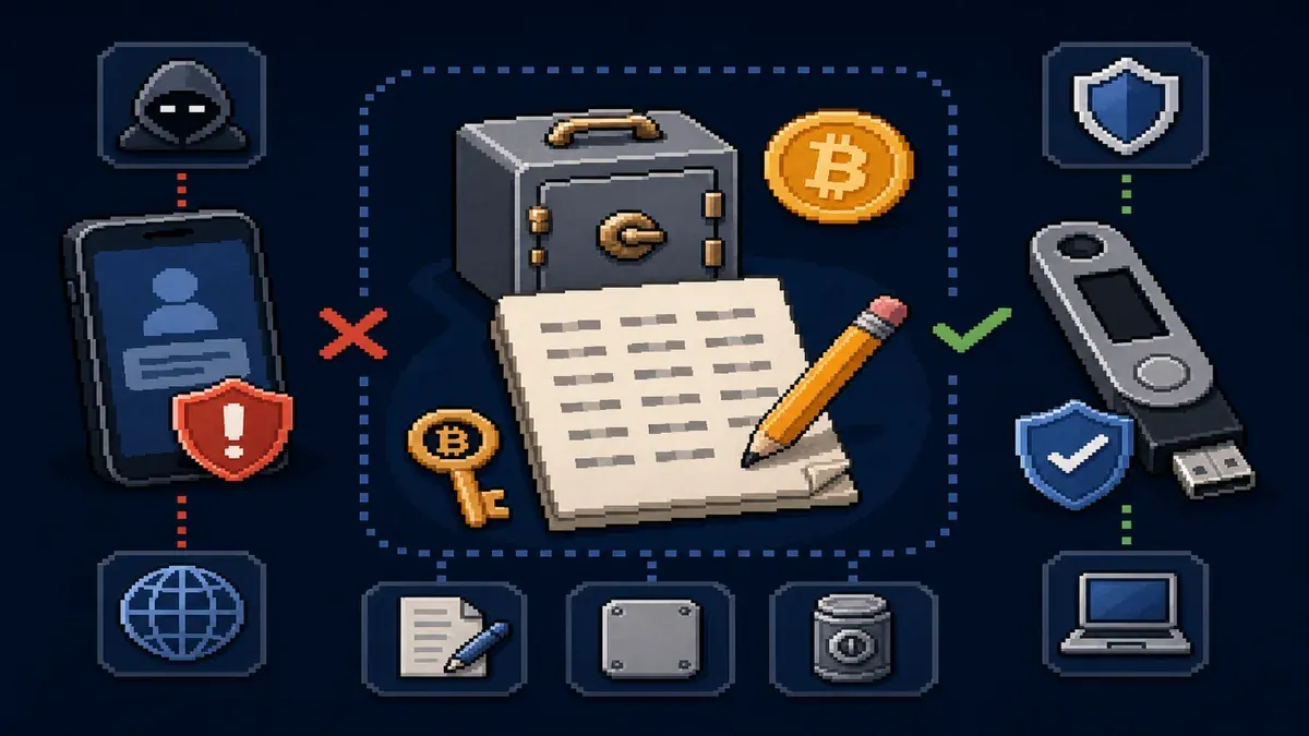 Pixel art showing Bitcoin connected to wallet, hardware device, key, and backup symbols.