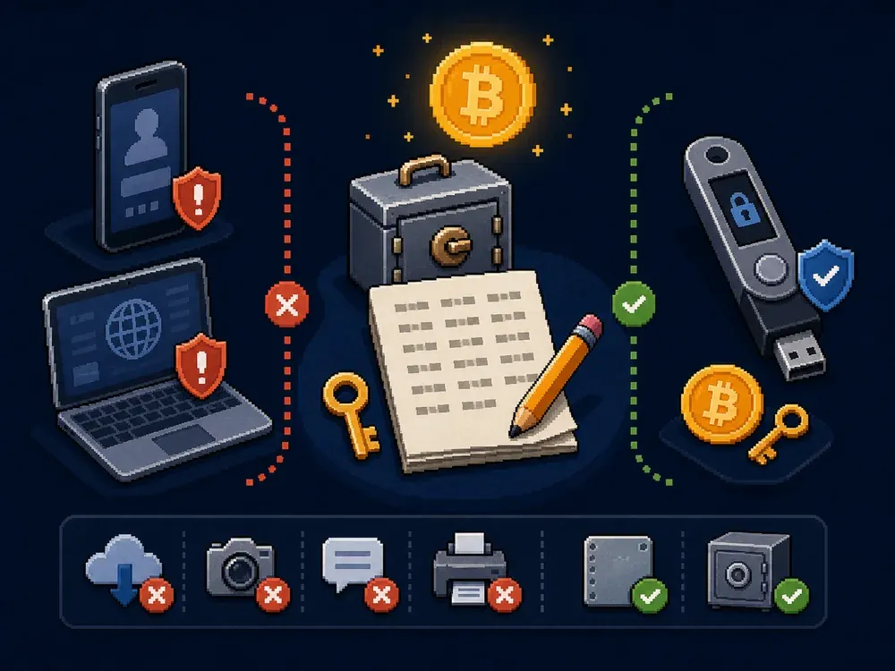 Pixel art showing an offline seed phrase backup separated from online devices.
