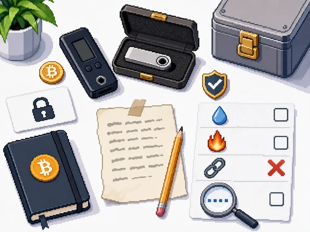 Pixel art showing cold wallet backup risks such as water, fire, fake links, and address checks.