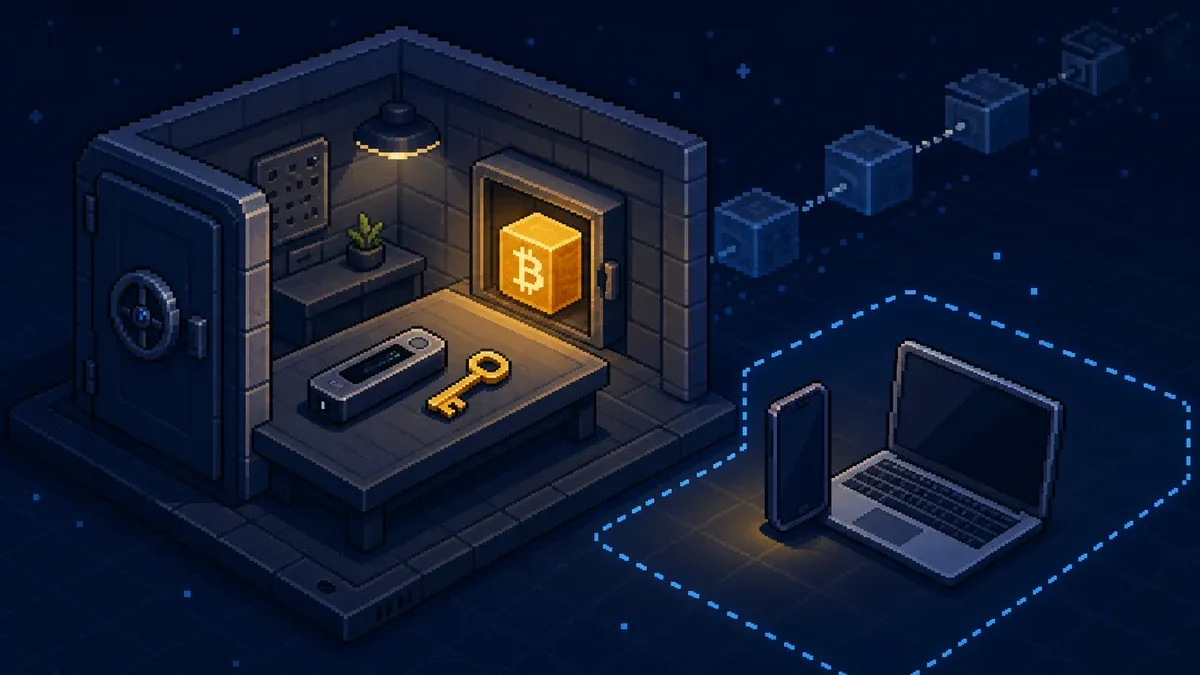 Pixel art showing a Bitcoin cold wallet kept offline from a phone and laptop.